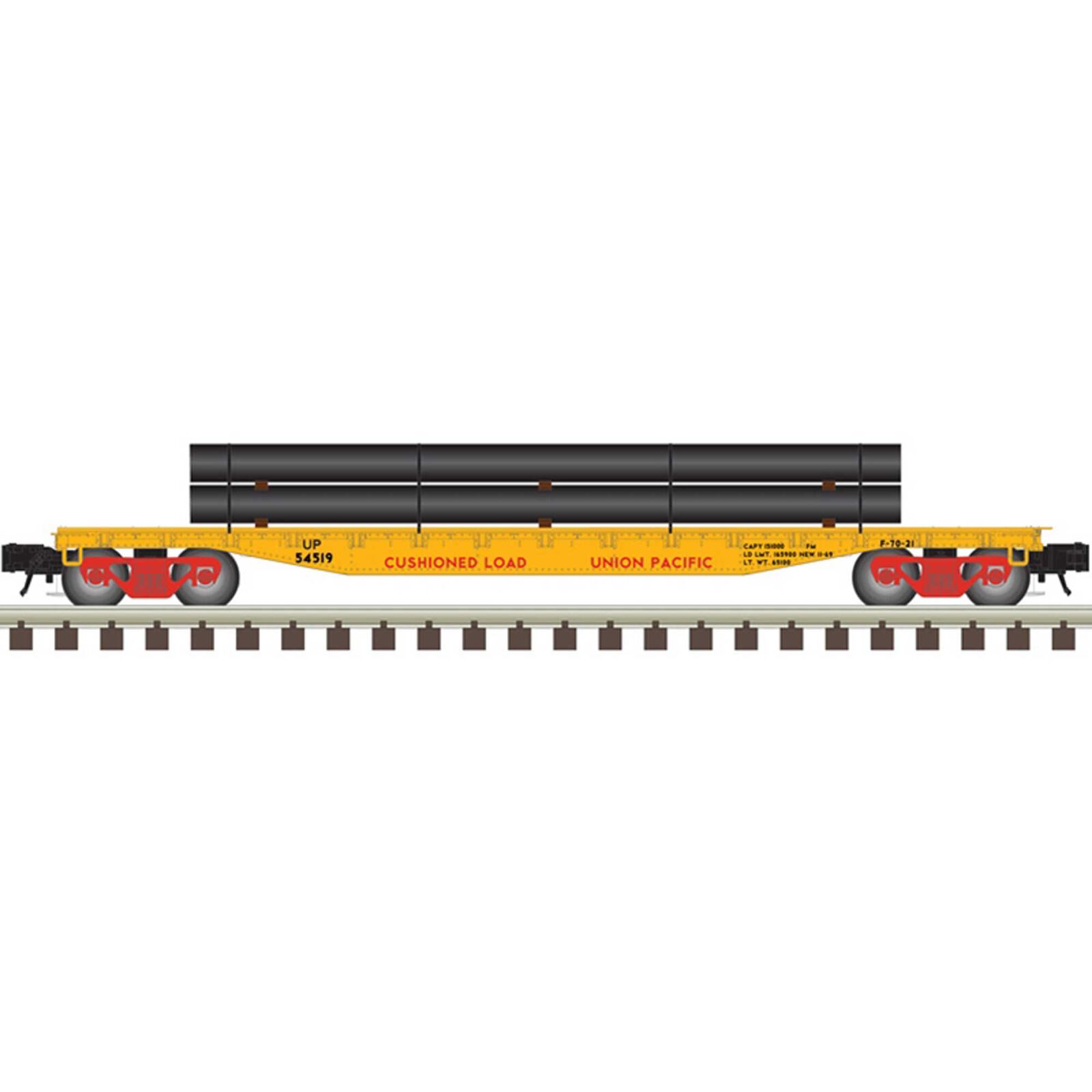 O 52' 6" Flat Car with Load Union Pacific 54519,  54565