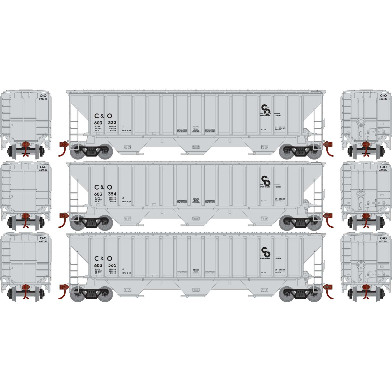 HO PS4740 Covered Hopper, C&O #603333/603354/603365