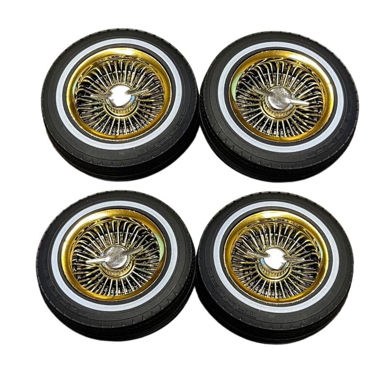 1/10 Whitewall Low Pro Pre-Mounted Tires with Knock Offs & Wheel Nuts, Gold Not Glued (2)