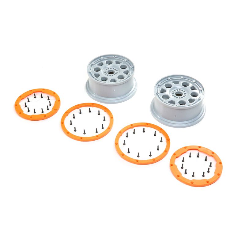 1/5 Front/Rear 4.75 Beadlock Wheels, 24mm Hex, Silver/Orange (2): DBXL-E 2.0