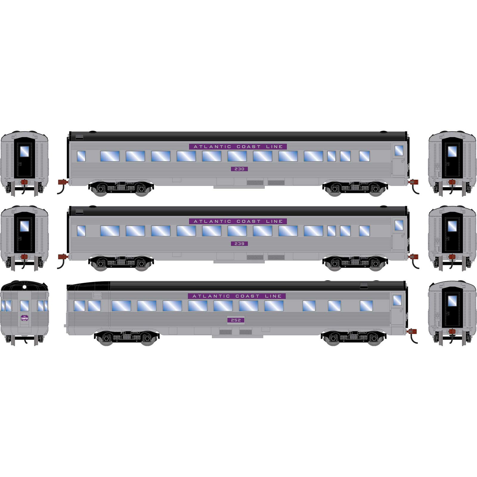 HO RND Streamline Cars, ACL Coach #230/Coach #239//Observation #252 (3)