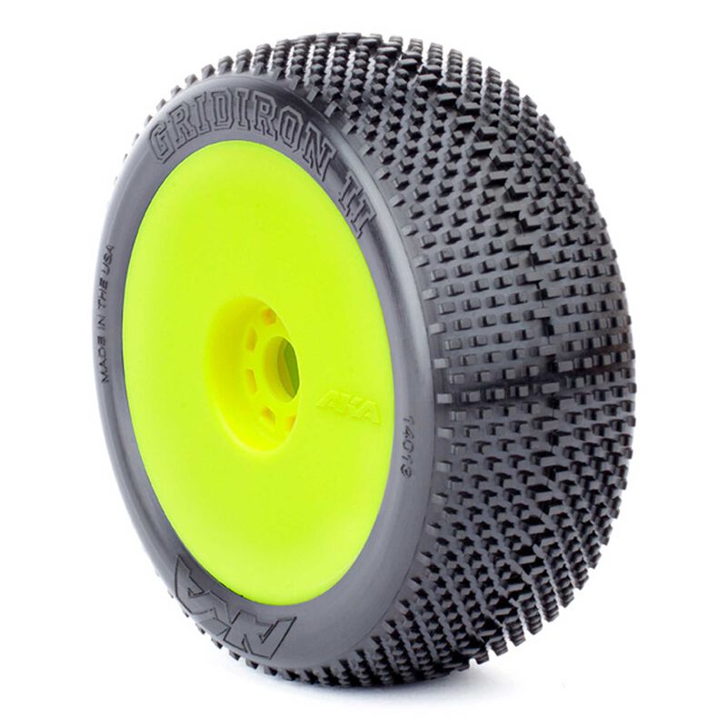1/8 Gridiron II Medium Long Wear Pre-Mounted Tires, Yellow EVO Wheels (2): Buggy