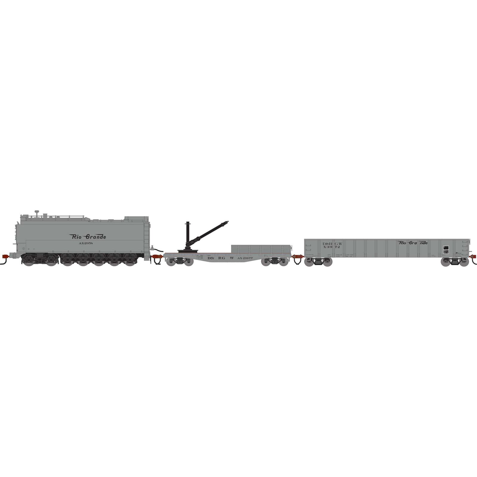 HO MOW Set, DRGW Fuel Oil Tank Car #AX-2958/Derrick Car #AX-21677/52' Mill Gondola  #X3972 (3)
