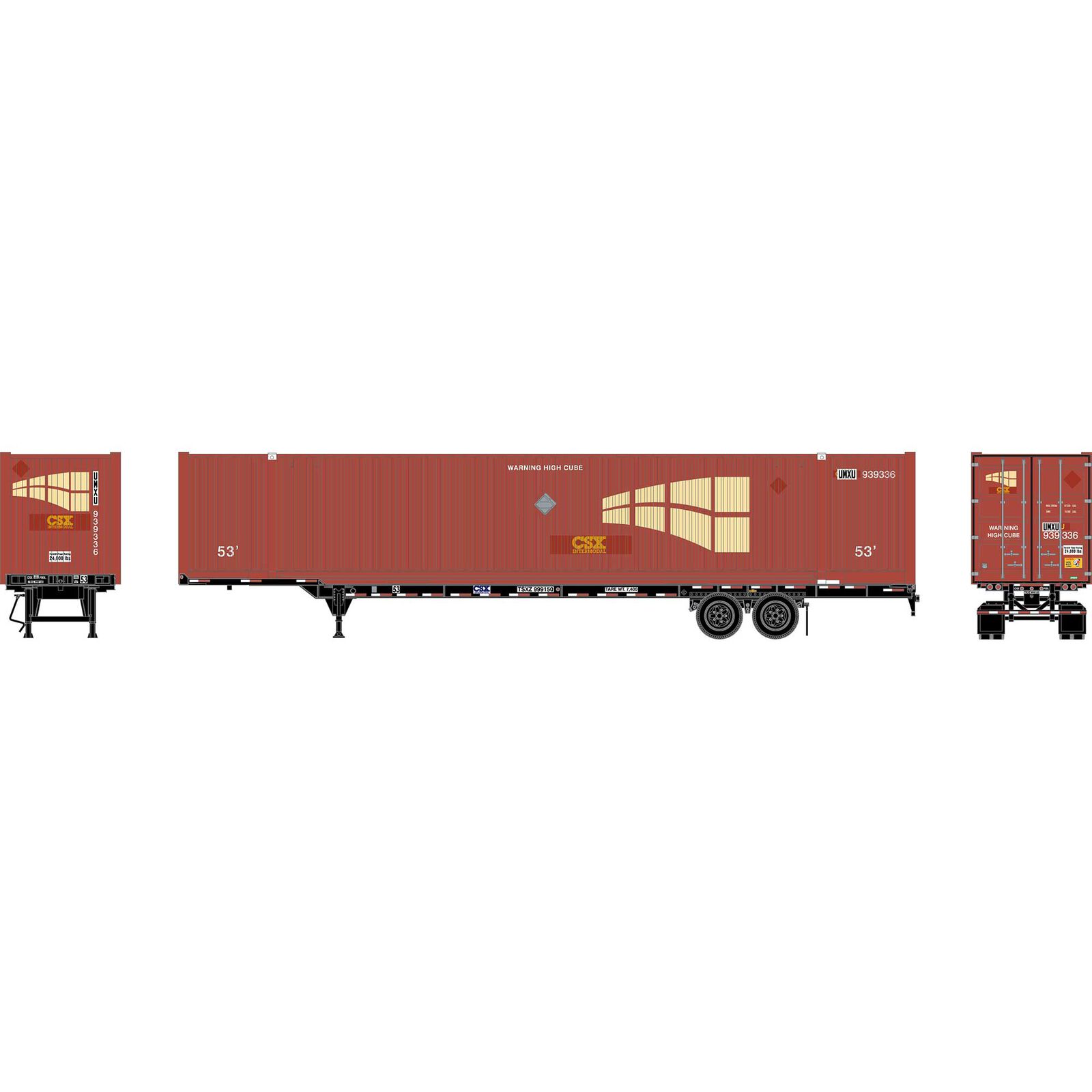 HO ATH 53' Chassis with Container, Chassis- CSX 'TSXZ' #999150, Container- UMXU #939336