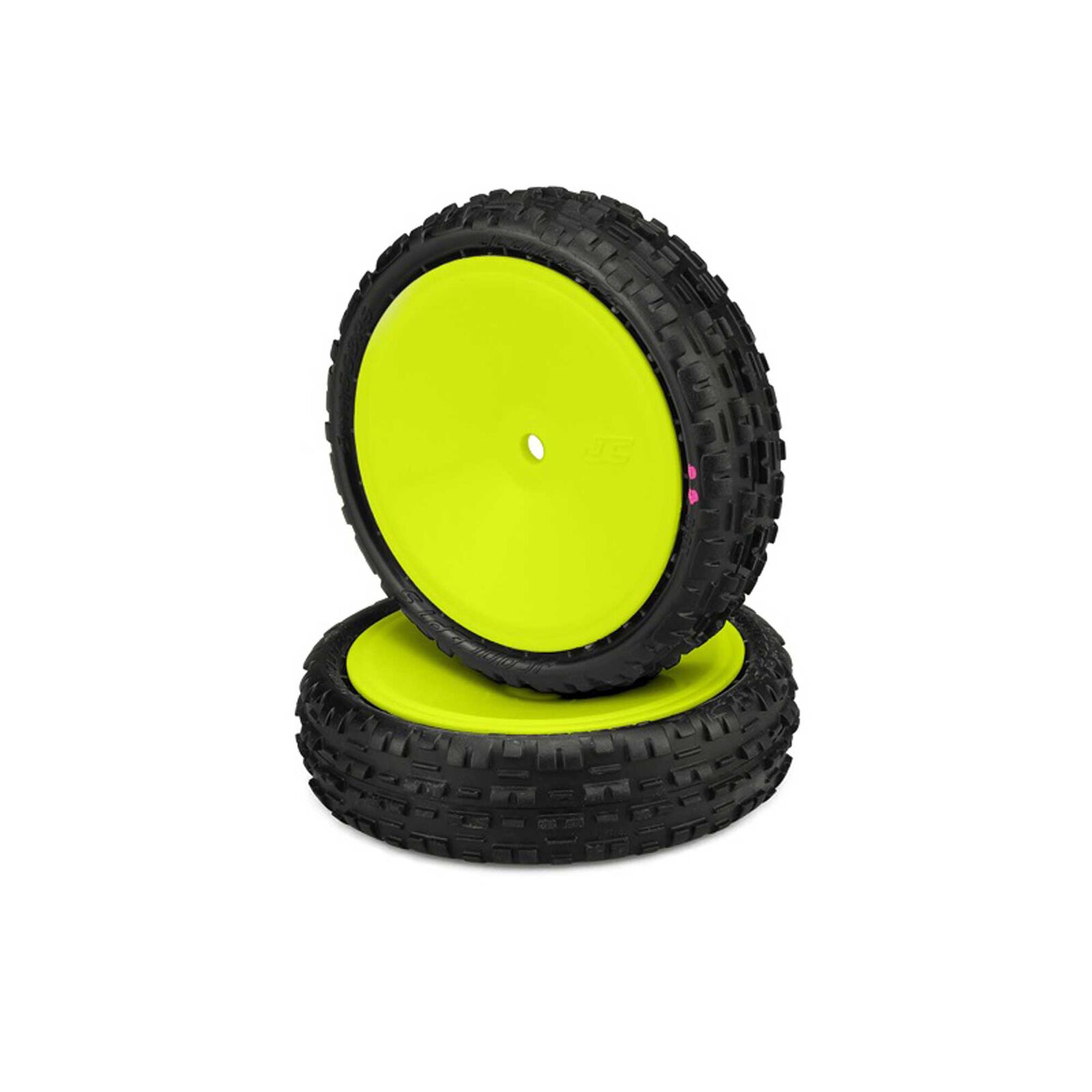 1/10 Swaggers Slim 2.2” Pre-Mounted Front 2WD Buggy Tires, Yellow Wheels, Pink Compound (2)