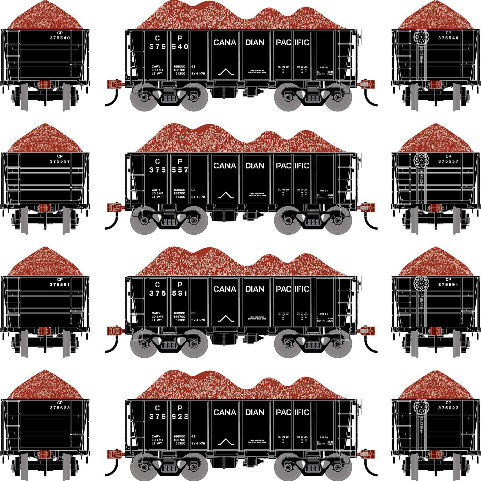 HO 26' PC&F Ore Car Tight-Bottom Low Side with Load, CP #375540/375557/375591/375623 (4)
