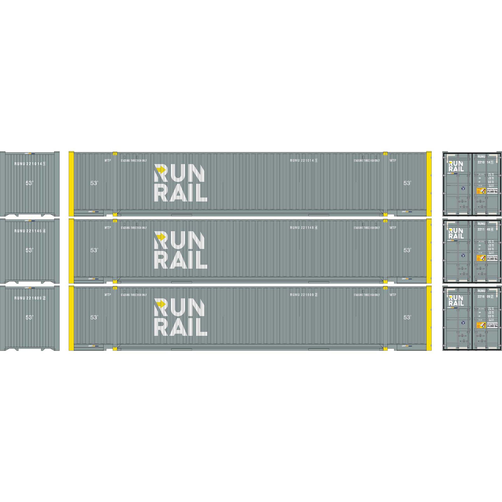HO 53' Jindo Containers, Run Rail RUNU #221014 1 / 221146 4 / 221609 2 (3)