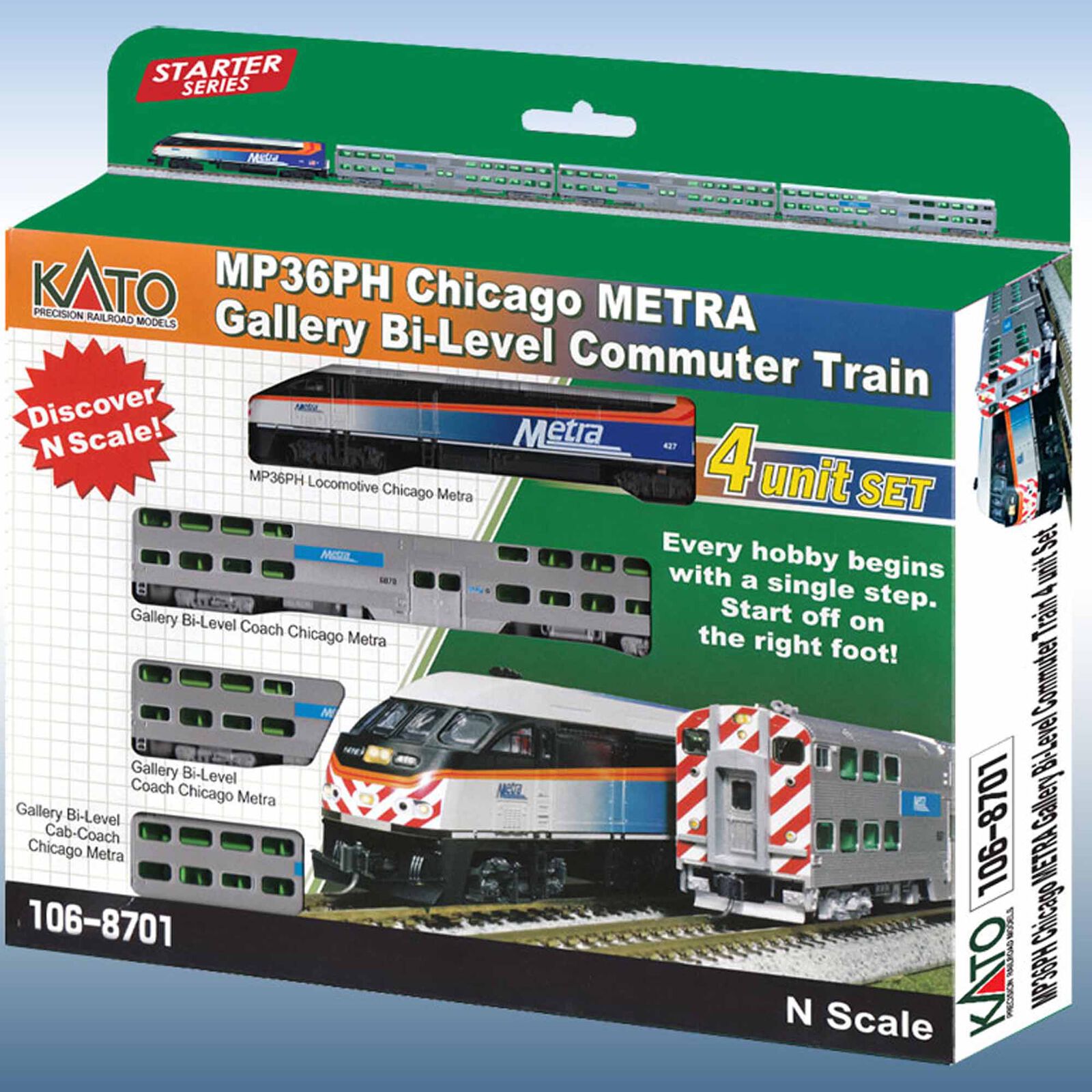 N MP36PH Chicago Metra Gallery Bi-Level Commuter Train 4 units w/ Sound and Lighting