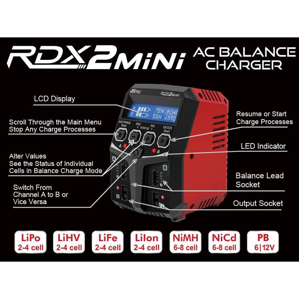 Hitec RCD Inc. RDX2 Mini AC Balance Charger | Tower Hobbies
