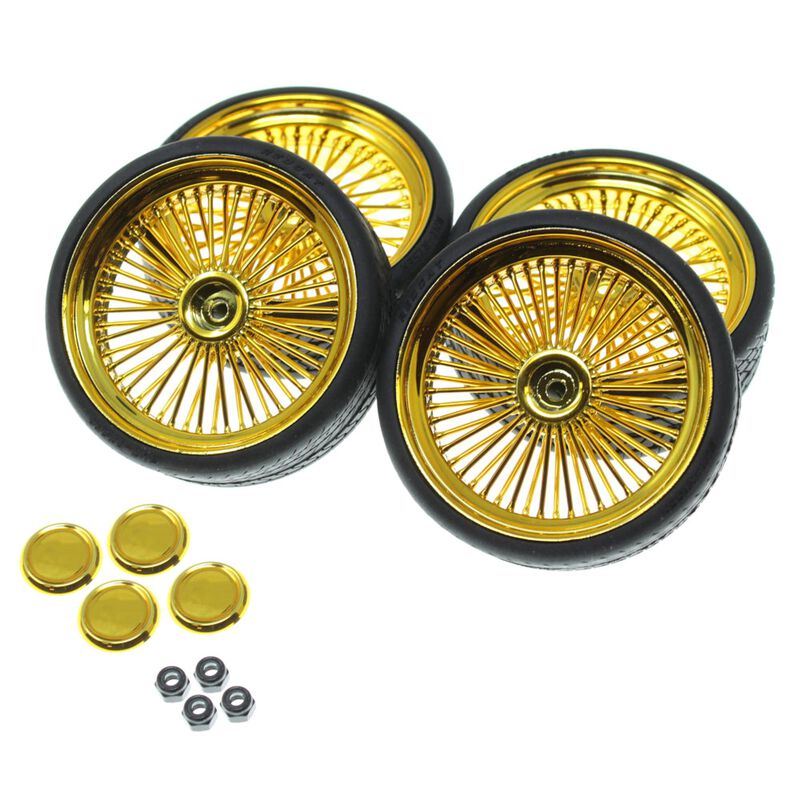 Gold 26in Wire Wheel & Tire Set, 1/10 Redcat Lowrider