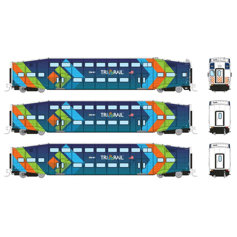 N Bilevel Commuter Car: TriRail - Dark Blue Scheme: Set #2 (Cab: 504 Coaches: 1007 1010)