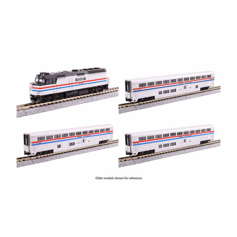 N Amtrak F40PH with Ditch lights Superliner I Phase III  4 Unit Set W/ Light