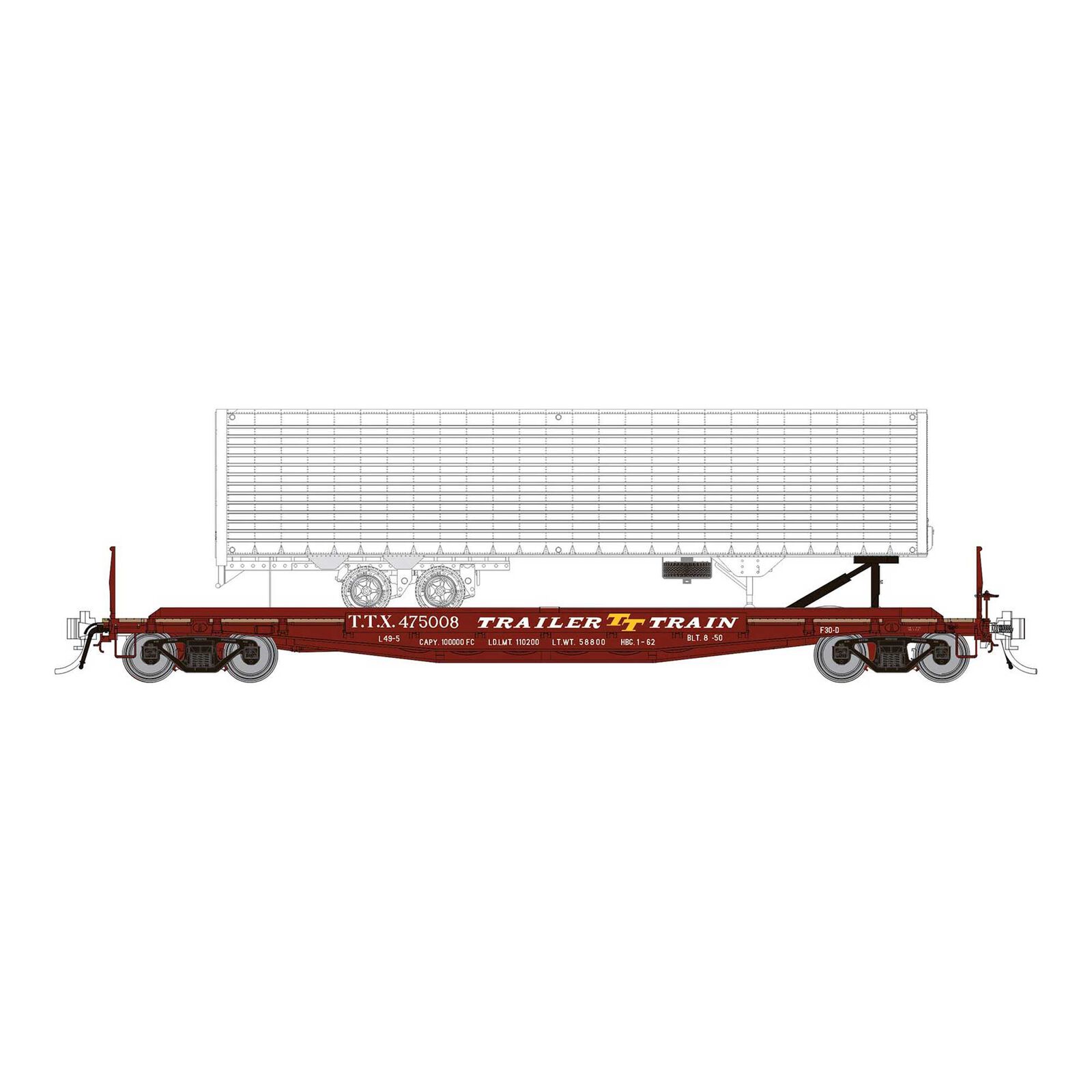 HO F30D 50 TOFC Flat Car with Trailer, TTX Early Red (6)