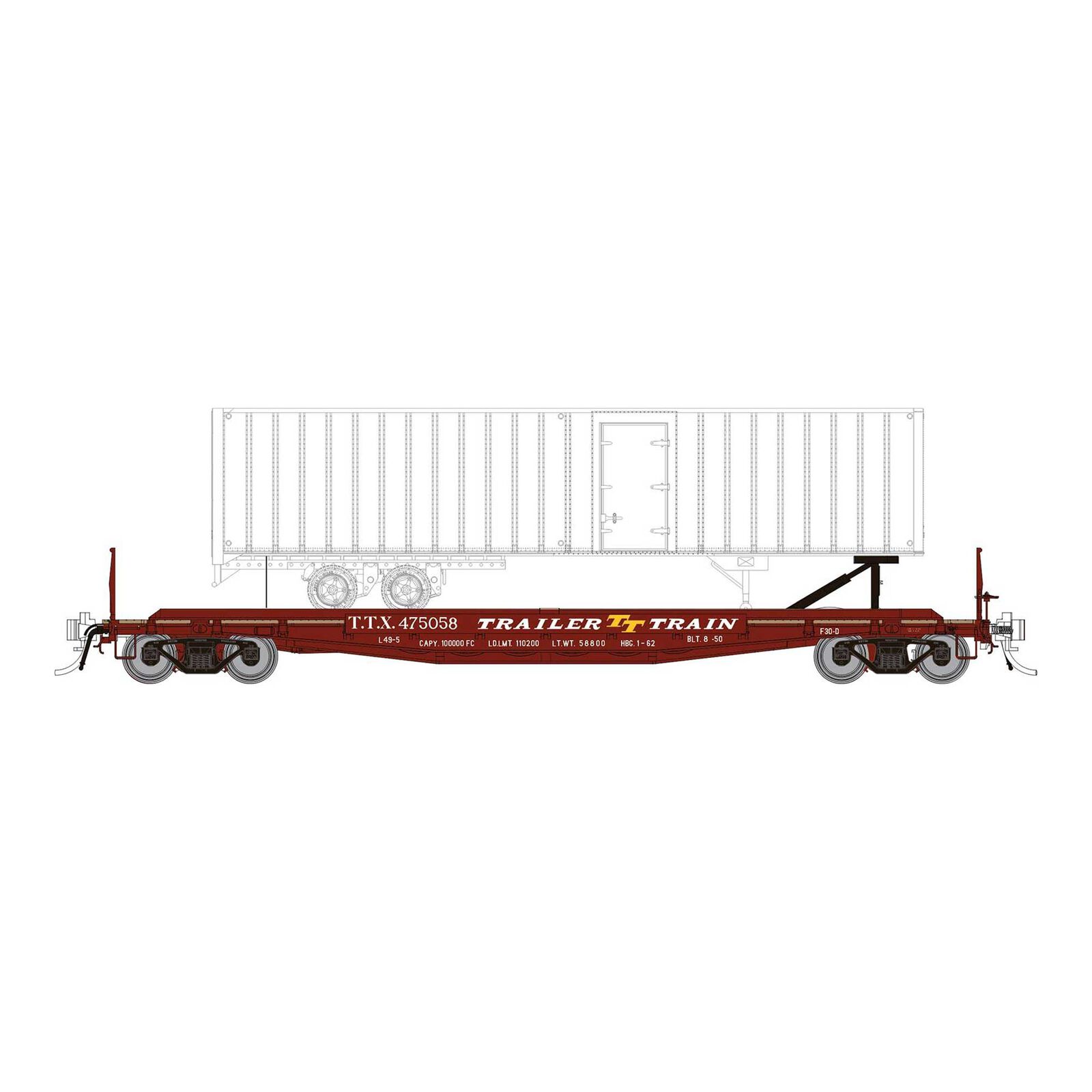 HO F30D 50 TOFC Flat Car with Trailer, TTX Late Red (6)