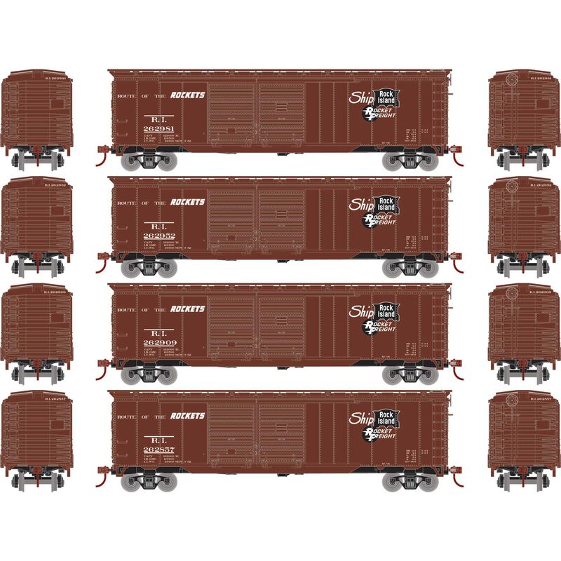 HO PS-1 Double Sliding Door Box Car, RI 'Rocket Freight' #262857 / 262909 / 262952 / 262981 (4)