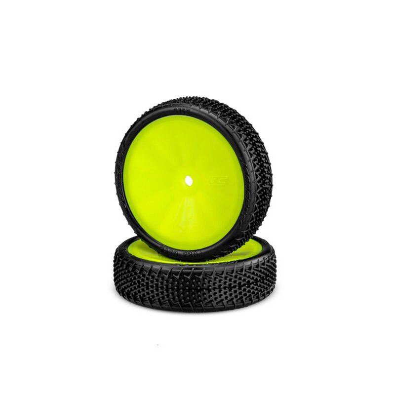 1/10 Fuzz Bite LP Slim 2.2” Pre-Mounted Front 2WD Buggy Tires, Yellow Wheels, Pink Compound (2)