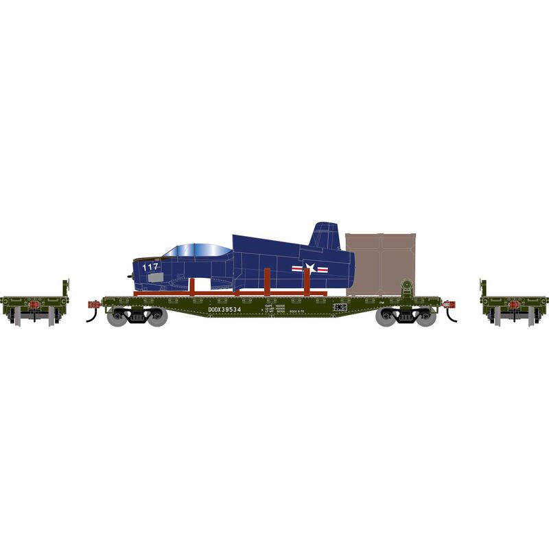 HO ATH 50' Flat Car w/T-28B Trojan Airplane, Flat Car- DODX #39534; Airplane- Navy NX228MC