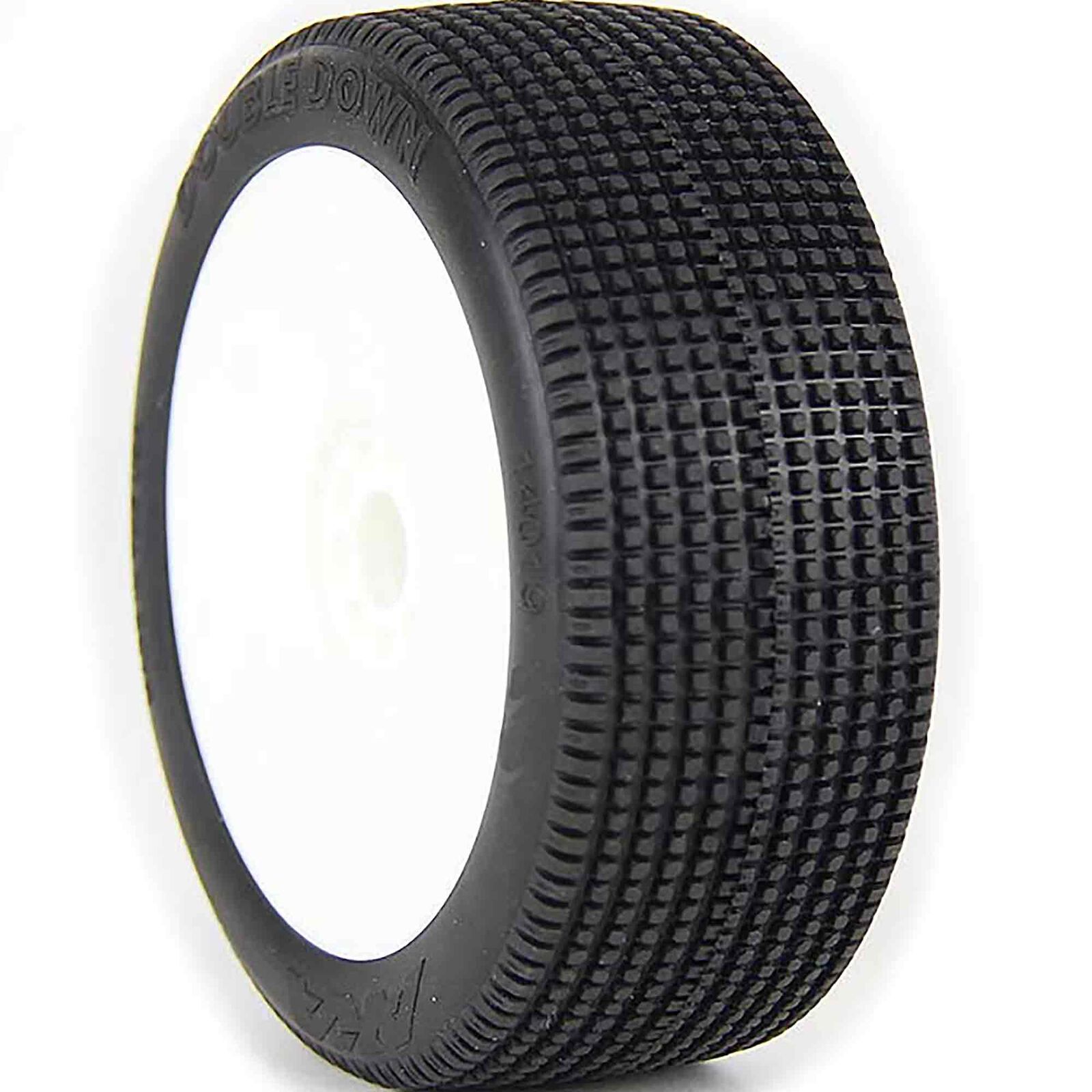 1/8 Double Down Soft Pre-Mounted Tires, White EVO Wheels (2): Buggy