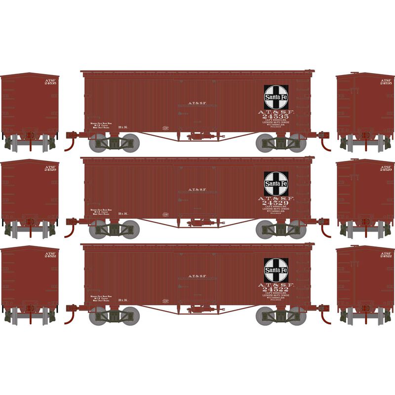 HO RND 36' Old Time Box Car, ATSF #24522/24529/24535 (3)