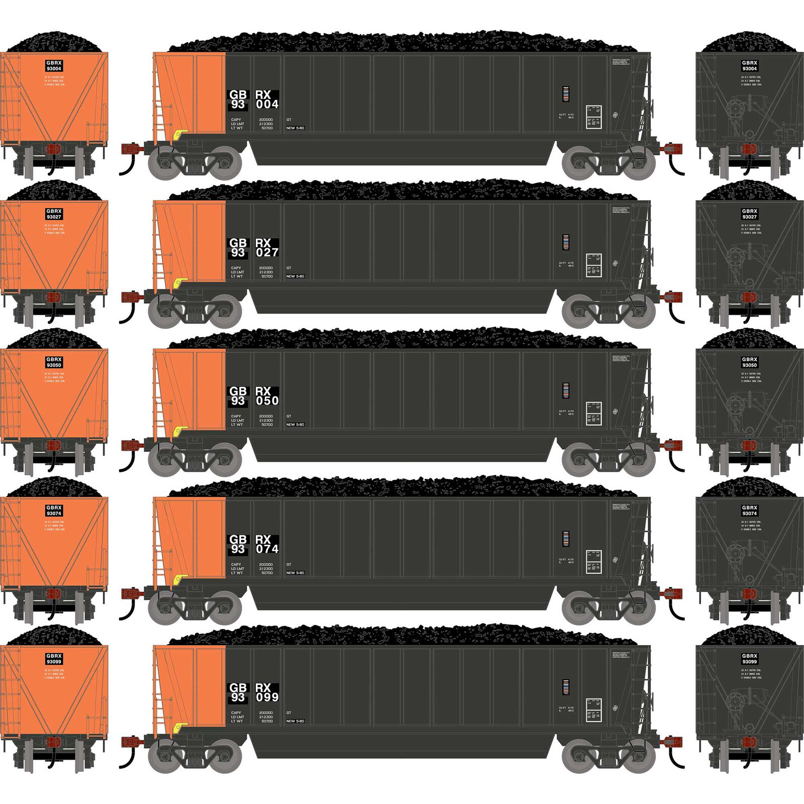 HO ATH Berwick Bathtub Gondola, Primed For Grime GBRX w/Load #93004/93027/93050/93074/93099 (5)
