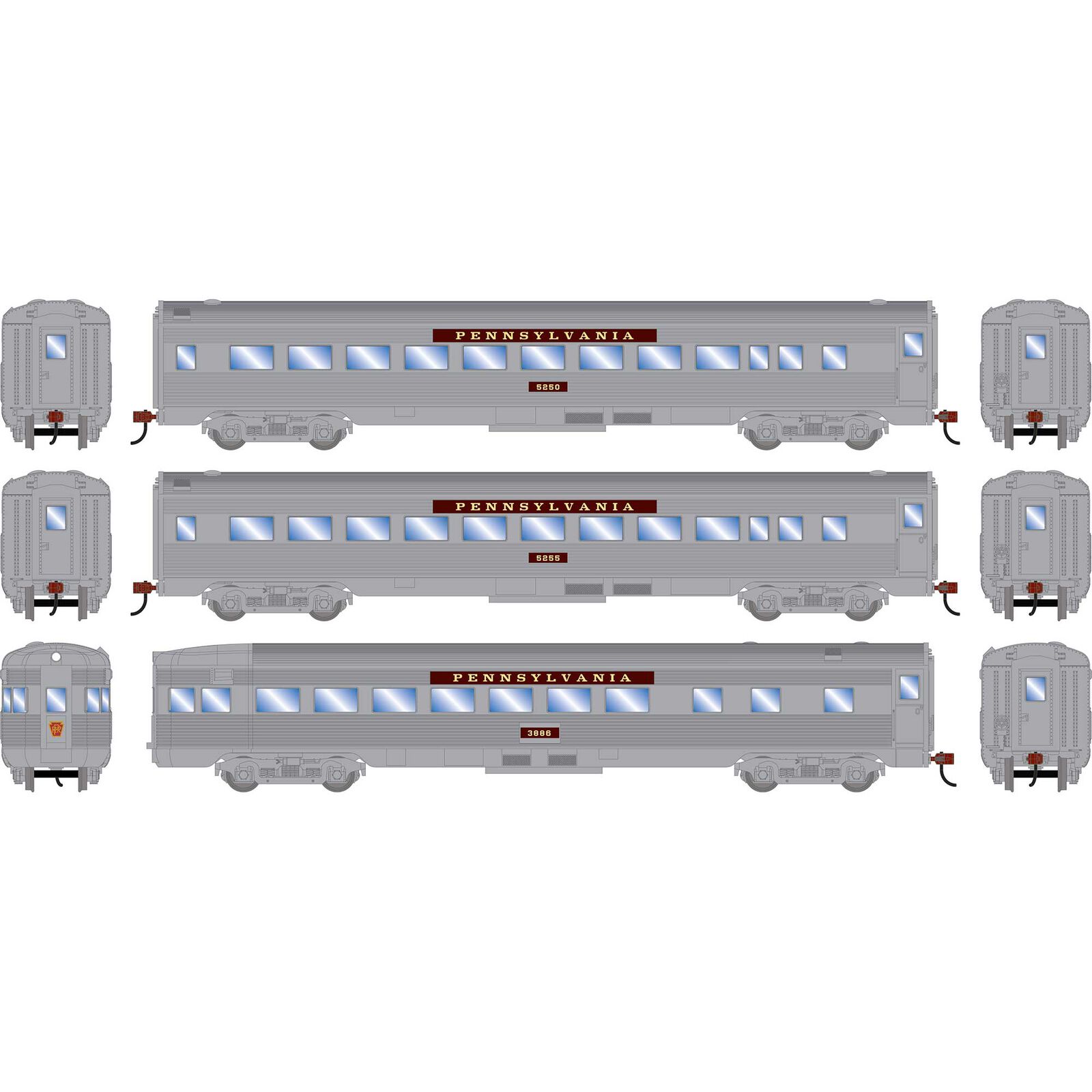 HO RND Streamline Cars, PRR Coach #5250/Coach #5255/Observation #3886 (3)