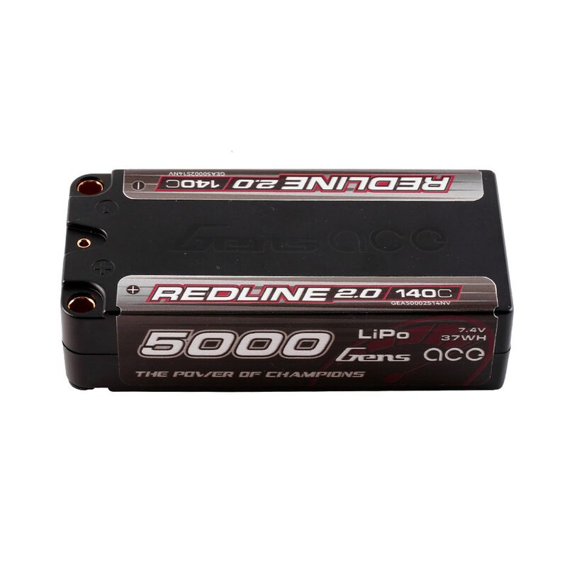 Gens ace Redline 2.0 Series 7.4V 5000mAh 2S 140C Hardcase Shorty LiPo Battery, 5.0 Bullet
