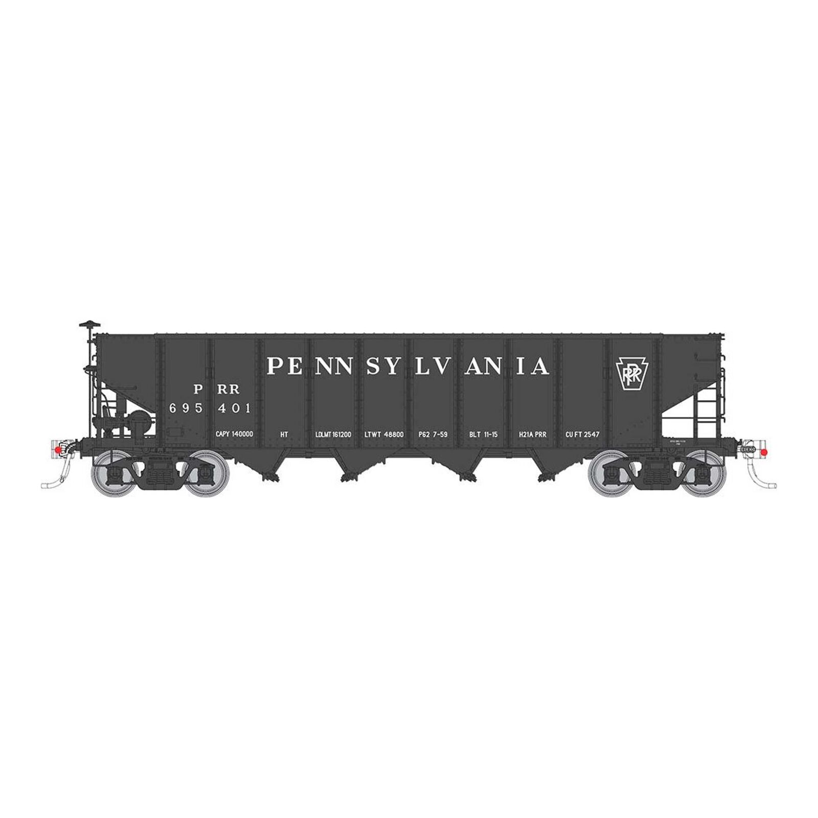 HO H21A 4-Bay Hopper: PRR - Black, Plain Keystone (6)