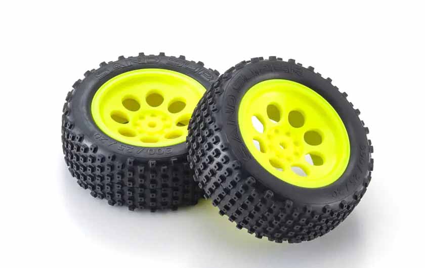 buggy tires are mounted on plastic wheels