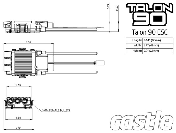 Castle Talon 90-Amp 25V BL ESC specs diagram