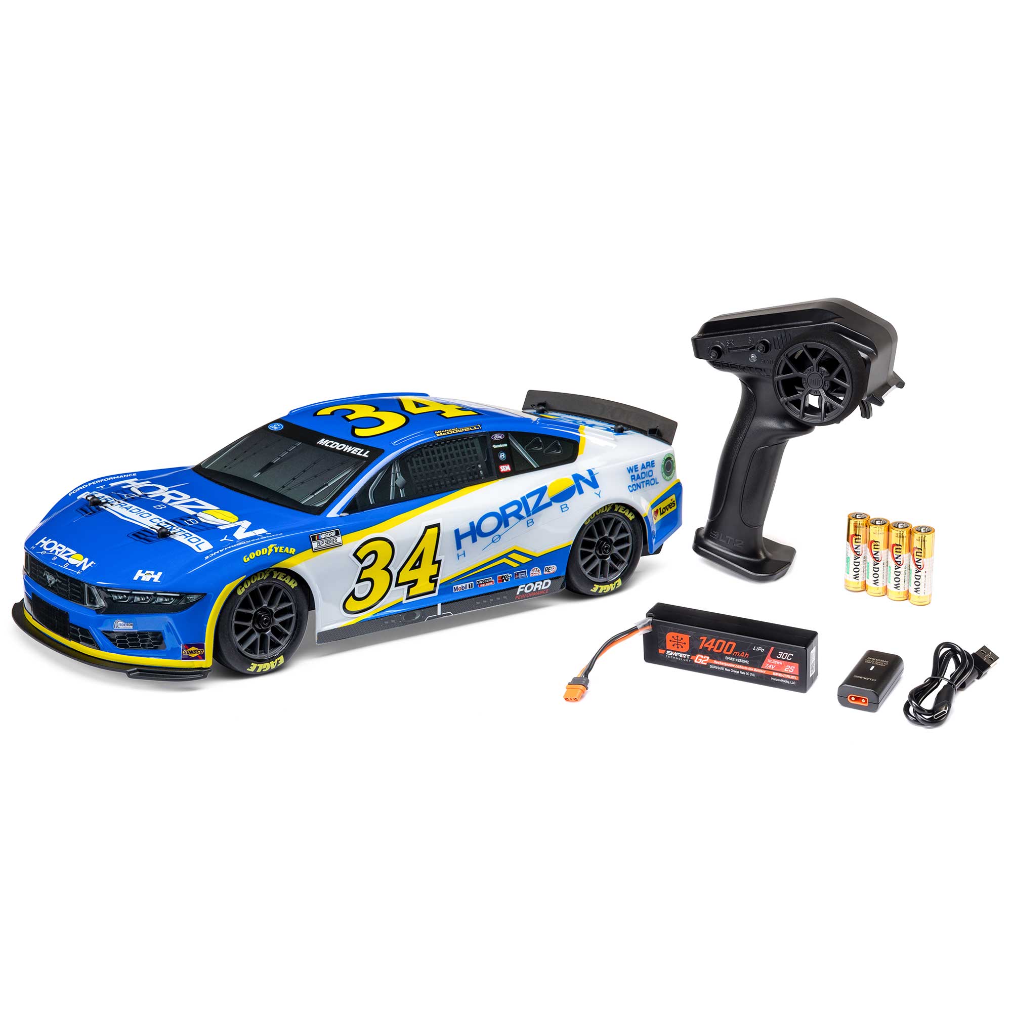 1/12 NASCAR RC Race Car Michael McDowell No. 34 2024 Horizon Hobby Ford Mustang 2S AWD RTR Brushed On-Road (Battery & Charger Included), Blue