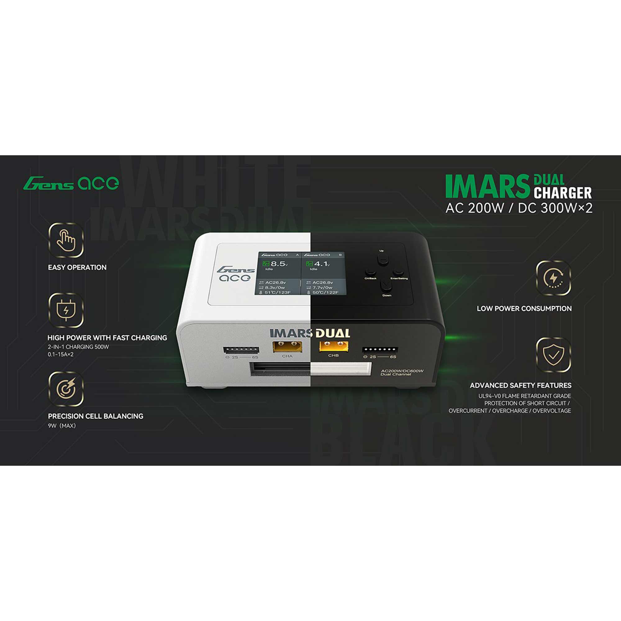 IMars Dual Channel 200W AC / 600W DC 15A Charger, Black