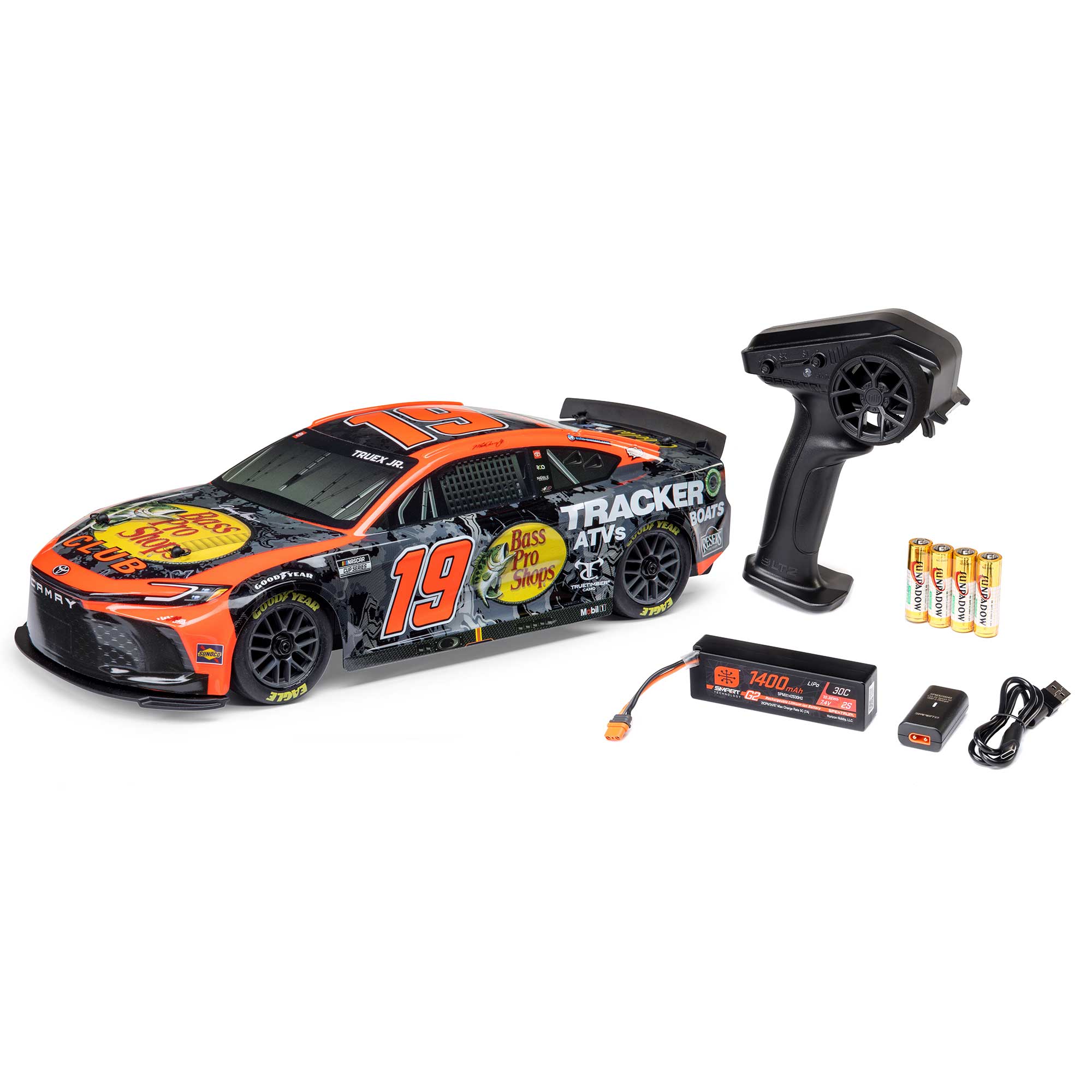 1/12 NASCAR RC Race Car Martin Truex Jr. No. 19 2024 Bass Pro Toyota Camry 2S AWD RTR Brushed On-Road (Battery & Charger Included), Orange