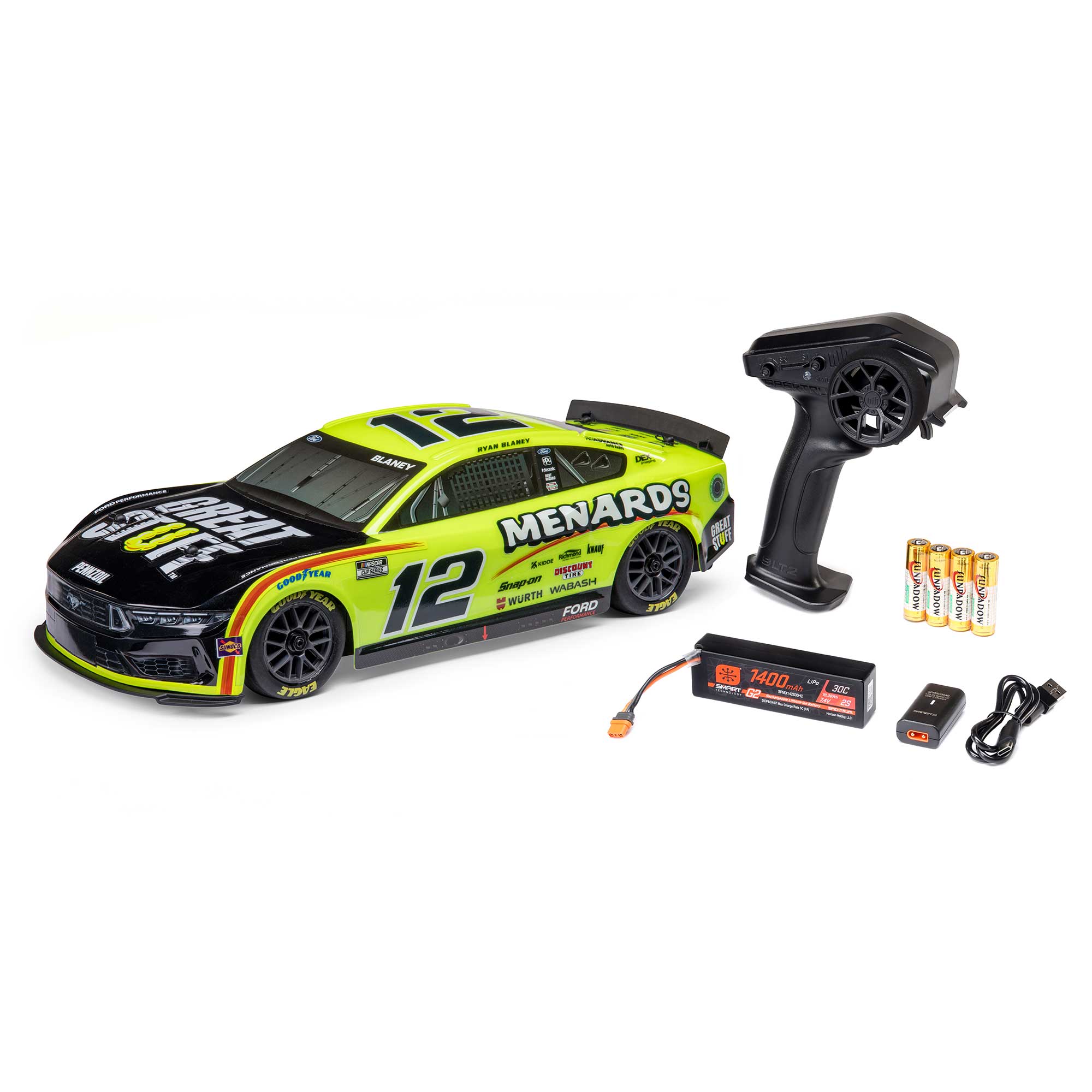 1/12 NASCAR RC Race Car Ryan Blaney No. 12 2024 Menards Ford Mustang 2S AWD RTR Brushed On-Road (Battery & Charger Included), Yellow